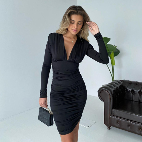 Temperament shoulder pad V-neck sexy slim bag hip dress women