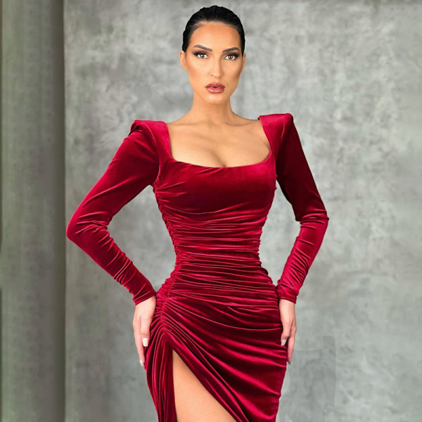 Temperament sexy square neck folded high waist dress dress