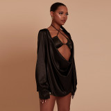 Two-piece satin drawstring European and American sexy suspender dress