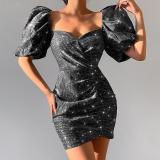 Puff Sleeve Tube Top Gathered High Waist Short Mini Dress