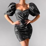 Puff Sleeve Tube Top Gathered High Waist Short Mini Dress