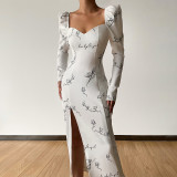 Women's temperament and gentle print square neck high waist slit dress