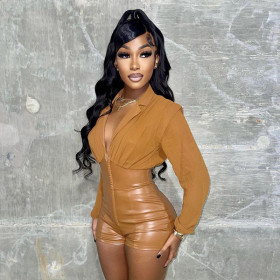 Women's Fashion New Style Stitching Sexy PU Leather Corset Slim Lapel Shirt Jumpsuit Shorts