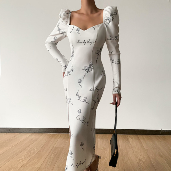 Women's temperament and gentle print square neck high waist slit dress