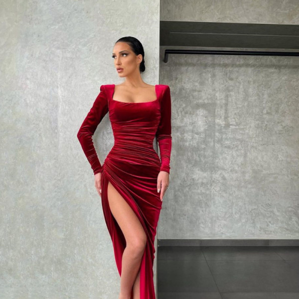 Temperament sexy square neck folded high waist dress dress