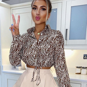 New lace-up cutout cropped navel slim shirt collar long-sleeved blouse