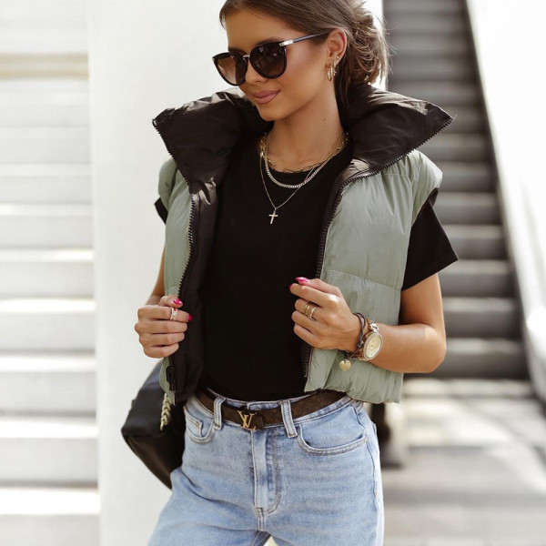 Double Sided Padded Jacket Stand Collar Zip Sleeveless Short Jacket