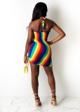 Rainbow gradient print cross drawstring dress bikini L6289
