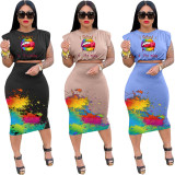 Sleeveless Padded Shoulder T-shirt One Step Skirt Printed Fashion Casual Suit U8090