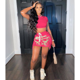 Summer Fashion Drawstring Printed Waist Short Sleeve Short Skirt Set A5234