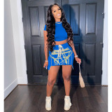 Summer Fashion Drawstring Printed Waist Short Sleeve Short Skirt Set A5234