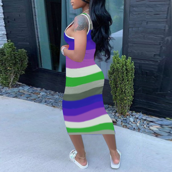 Fashion contrast color stripe print bag hip sexy dress H1655