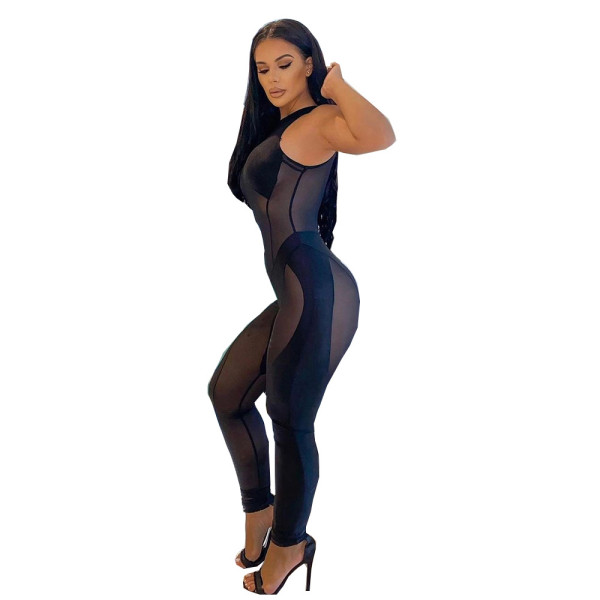 Women's winter new sleeveless tight-fitting mesh sexy hollow round neck jumpsuit women
