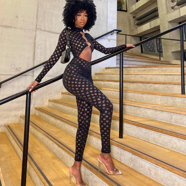 Sexy Hole Cloth Cutout Perspective Zipper Long Bodysuit