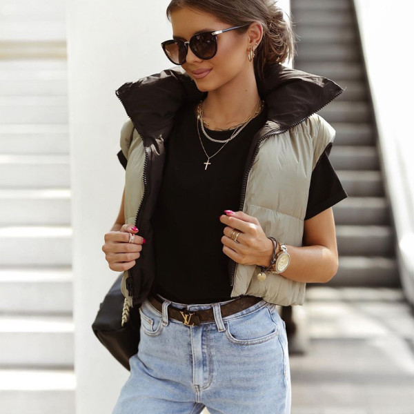 Double Sided Padded Jacket Stand Collar Zip Sleeveless Short Jacket