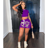 Summer Fashion Drawstring Printed Waist Short Sleeve Short Skirt Set A5234