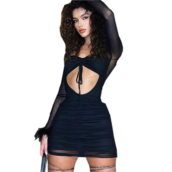 Cutout Cutout Tie Sheer Solid Color Long Sleeve Dress