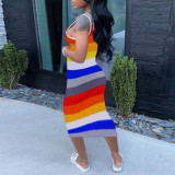 Fashion contrast color stripe print bag hip sexy dress H1655
