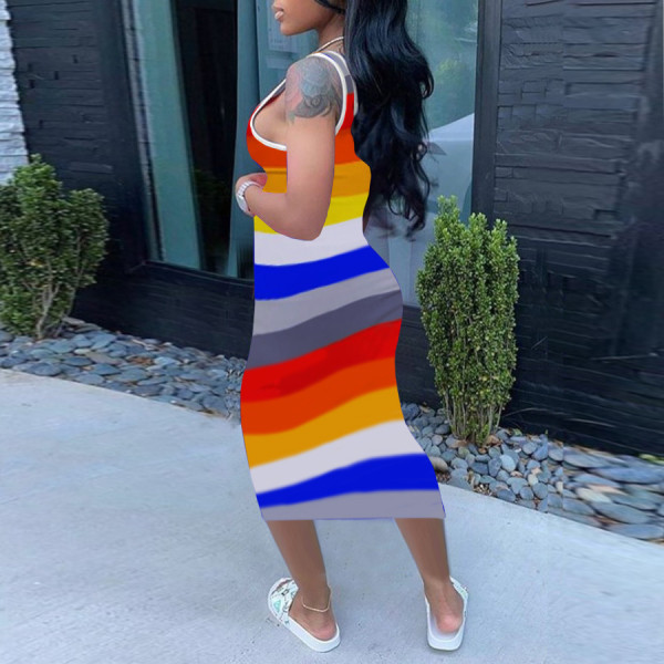 Fashion contrast color stripe print bag hip sexy dress H1655