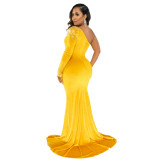 Long mopping irregular skirt waistless velvet one-shoulder sexy hot diamond nightclub dress YF9547