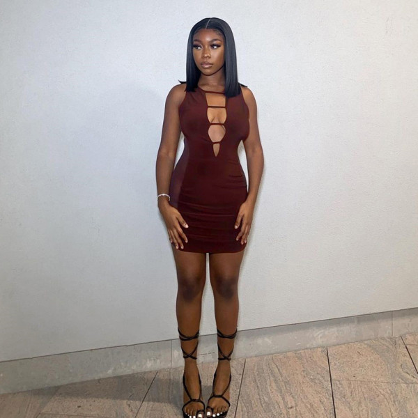 Solid Color Hollow Open Back Mesh Pullover Hip Skirt