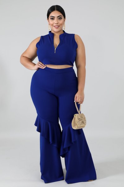 Two-piece plus size womens vest zipper wide-leg pants SC0122