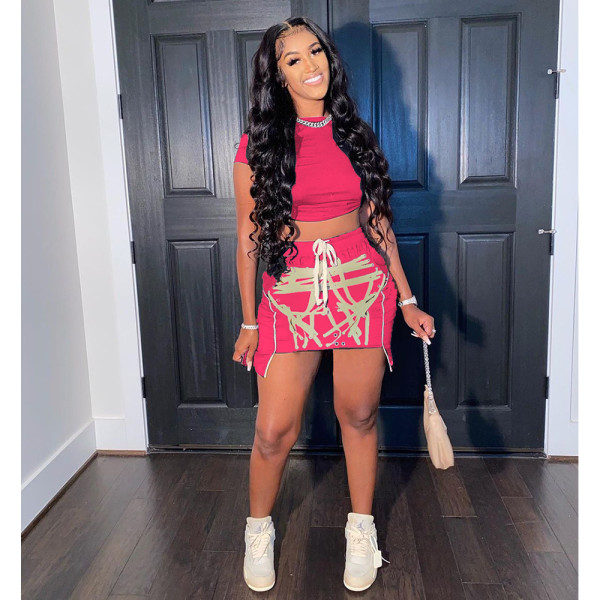 Summer Fashion Drawstring Printed Waist Short Sleeve Short Skirt Set A5234