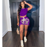 Summer Fashion Drawstring Printed Waist Short Sleeve Short Skirt Set A5234