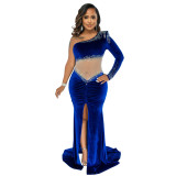Long mopping irregular skirt waistless velvet one-shoulder sexy hot diamond nightclub dress YF9547