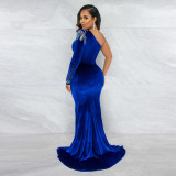 Long mopping irregular skirt waistless velvet one-shoulder sexy hot diamond nightclub dress YF9547