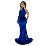 Long mopping irregular skirt waistless velvet one-shoulder sexy hot diamond nightclub dress YF9547