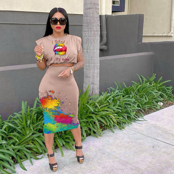 Sleeveless Padded Shoulder T-shirt One Step Skirt Printed Fashion Casual Suit U8090