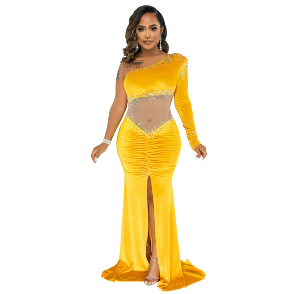 Long mopping irregular skirt waistless velvet one-shoulder sexy hot diamond nightclub dress YF9547