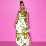 Digital printed V-neck airplane sleeve pleated side slit dress women SZ8047
