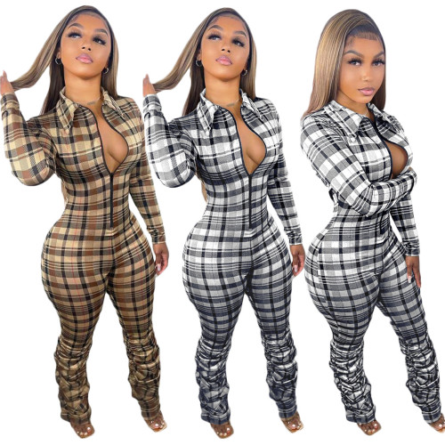 NEW Check Print Slim Fit Crinkled Zip Jumpsuit BN227