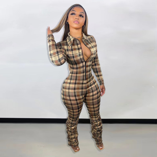 NEW Check Print Slim Fit Crinkled Zip Jumpsuit BN227