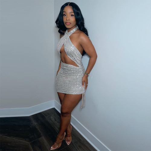 women's sexy backless strappy wrap chest sequin dress