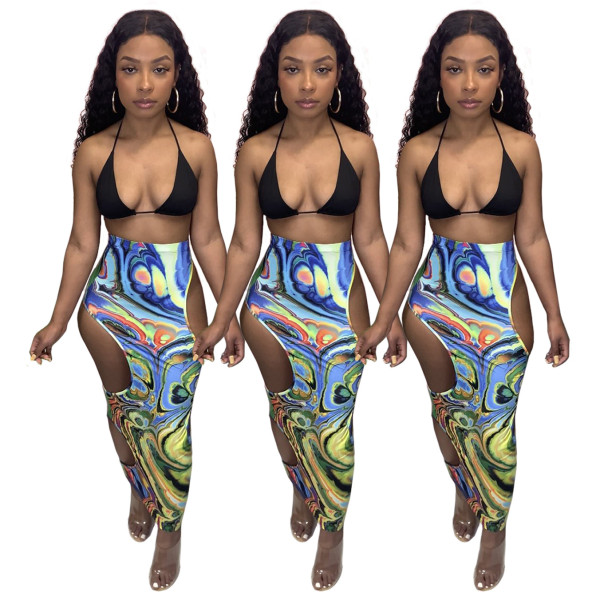 Ripped print bag hip skirt sexy European and American plus size womens skirt H1656