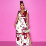 Digital printed V-neck airplane sleeve pleated side slit dress women SZ8047