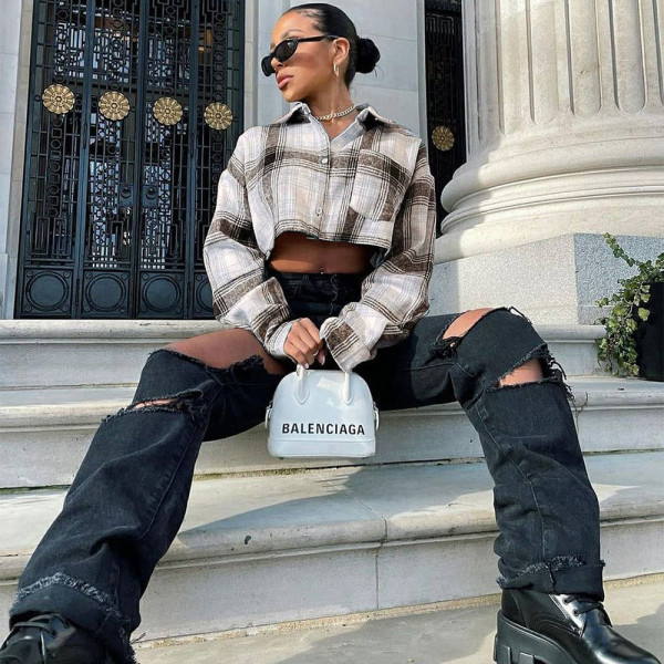 New hollow out navel loose plaid shirt collar long-sleeved blouse