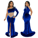 Long mopping irregular skirt waistless velvet one-shoulder sexy hot diamond nightclub dress YF9547