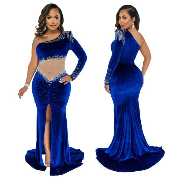 Long mopping irregular skirt waistless velvet one-shoulder sexy hot diamond nightclub dress YF9547