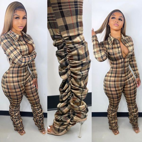 NEW Check Print Slim Fit Crinkled Zip Jumpsuit BN227