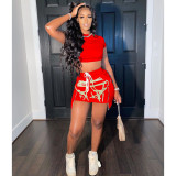 Summer Fashion Drawstring Printed Waist Short Sleeve Short Skirt Set A5234