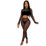 Sexy Perspective Cropped Navel Plush Patchwork Mesh Ladies Pants Set