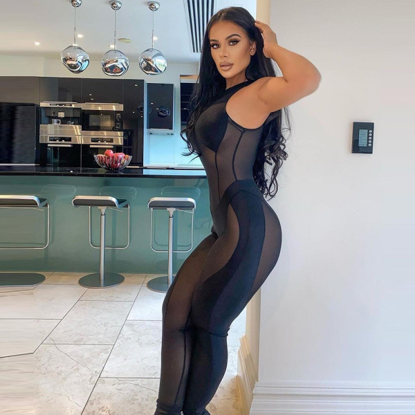 Women's winter new sleeveless tight-fitting mesh sexy hollow round neck jumpsuit women