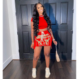 Summer Fashion Drawstring Printed Waist Short Sleeve Short Skirt Set A5234
