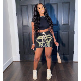 Summer Fashion Drawstring Printed Waist Short Sleeve Short Skirt Set A5234