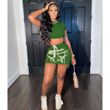 Summer Fashion Drawstring Printed Waist Short Sleeve Short Skirt Set A5234