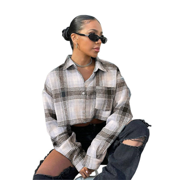 New hollow out navel loose plaid shirt collar long-sleeved blouse
